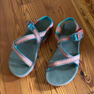 Orange and turquoise chacos